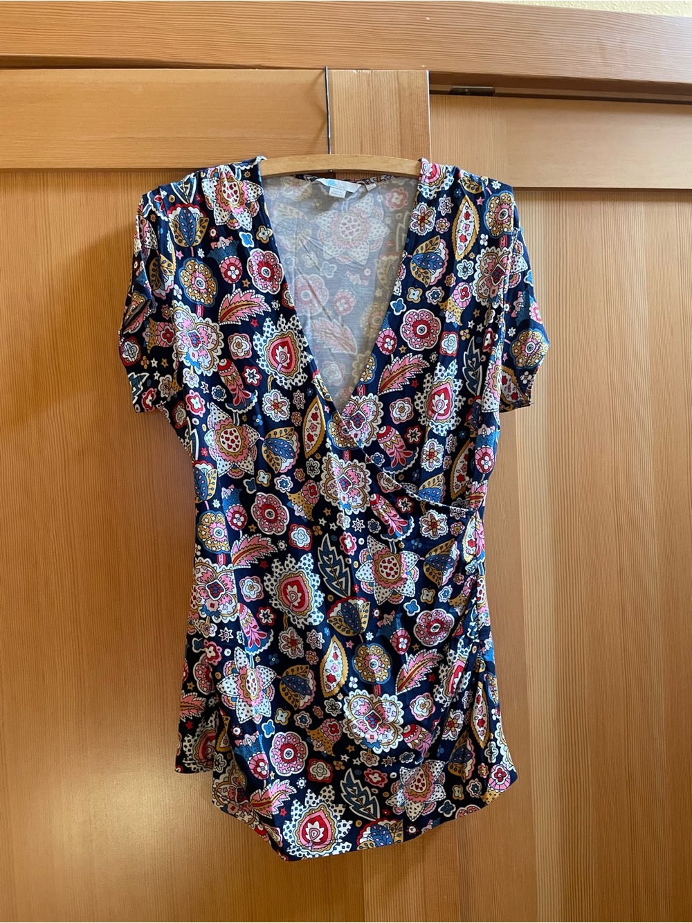 Boden Navy Multicolor Paisley Faux Wrap Short Sleeve Top, US12